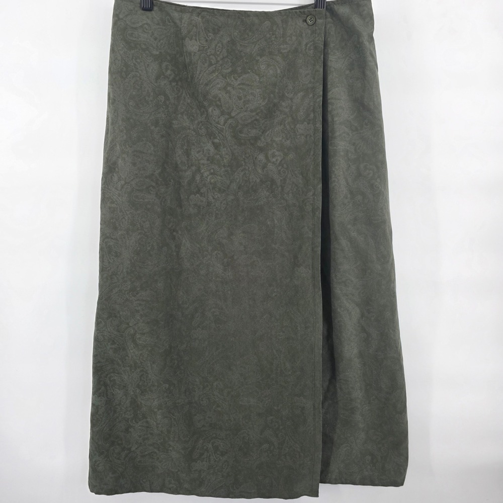 Jaclyn Smith Womens Size 12 Wrap Maxi Skirt Paisley Print Olive Green suede-like